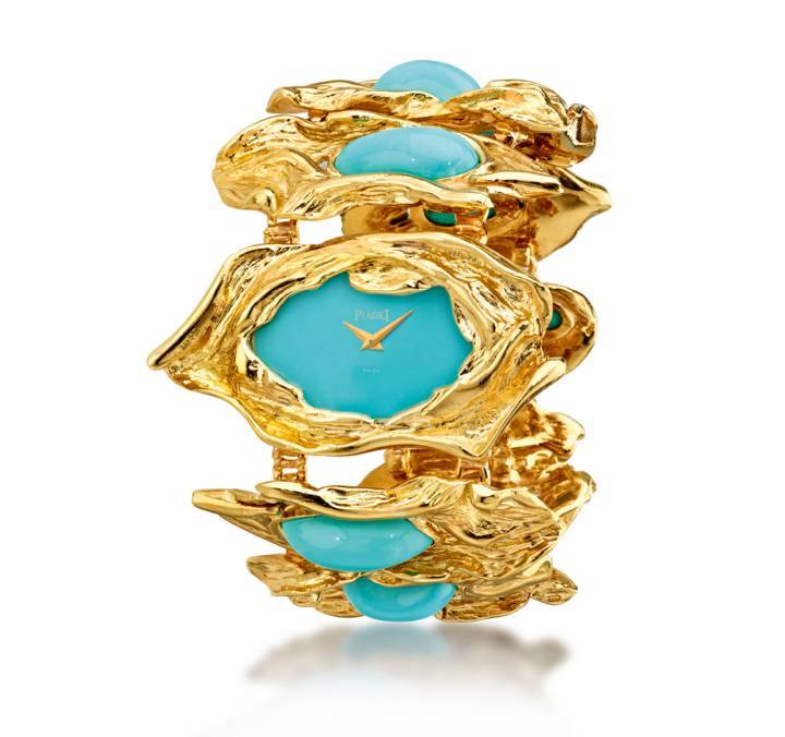 Montre joaillière Piaget, or jaune et turquoise. Mouvement Manufacture 9P ultra-plat à remontage manuel. 1969. Collection privée Piaget.