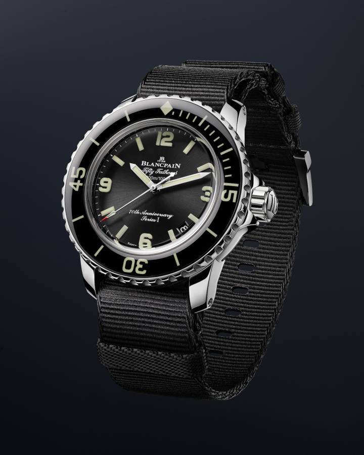 Première pièce anniversaire de l'année 2023, la Fifty Fathoms 70th Anniversary Act 1 de 42 mm reprend les codes de la pièce de 1953 et est montée sur un bracelet NATO YTT+ noir. Trois séries ont été produites, constituées de 70 pièces chacune. Chaque série est dédiée à une région du monde – EMEA, Asie-Pacifique, Amérique – et porte un numéro allant de I à III sur le cadran.