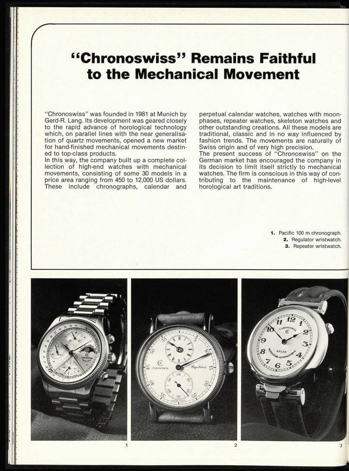 Dans les années de doute sur l'avenir de l'horlogerie, Chronoswiss est l'une des marques faisant le pari de la résilience de la montre mécanique. A la fin de cette même décennie 1980, son fondateur Gerd-Rüdiger Lang rachète le stock de mouvements Marvin qui sont justement à la base du projet Lang 1943 aujourd'hui.