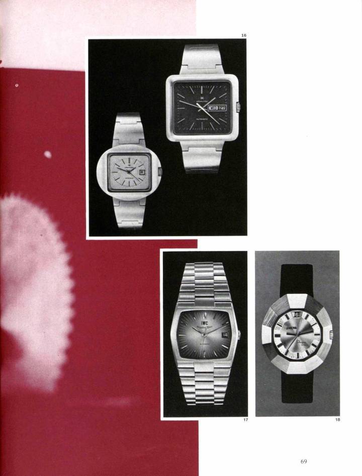 Les montres de forme ont la cote dans les années 1970, comme l'illustrent ces modèles présentés par Hamilton, IWC et Enicar au salon de Genève.
