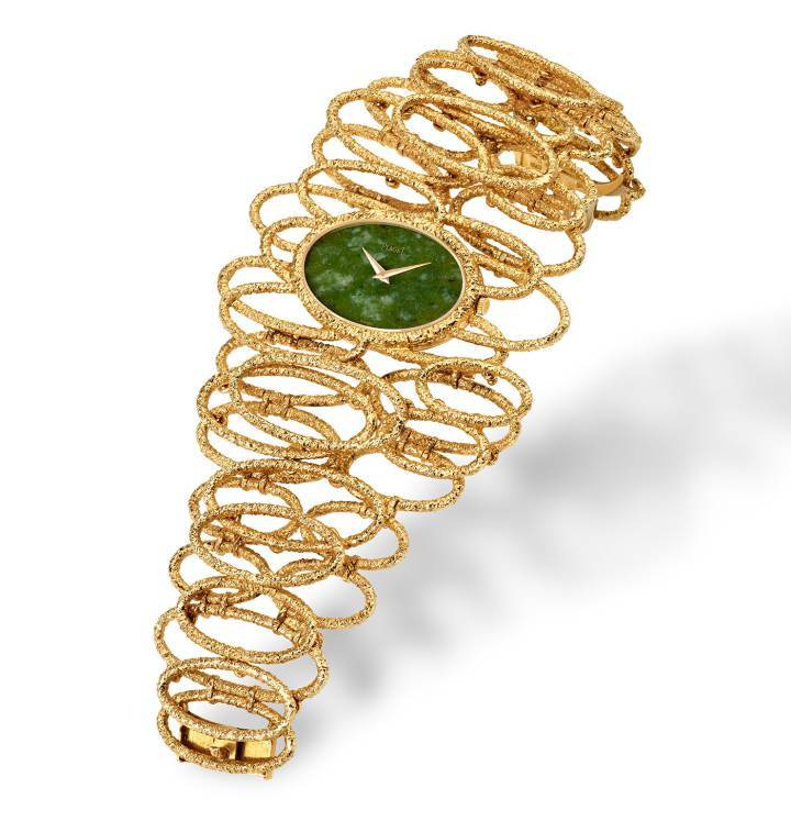 Montre-bracelet Piaget ayant appartenu à Elizabeth Taylor. Or jaune et jade. Mouvement Manufacture 9P extra-plat à remontage manuel. 1971. Collection privée Piaget.
