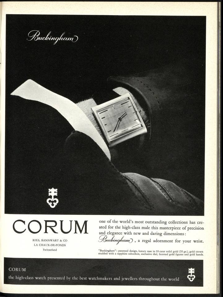 Annonce pour la Corum Buckingham - autre de ces modèles qui ont marqué l'histoire horlogère, sans doute voué à être réédité dans la collection Heritage - diffusée en 1963 dans Europa Star.