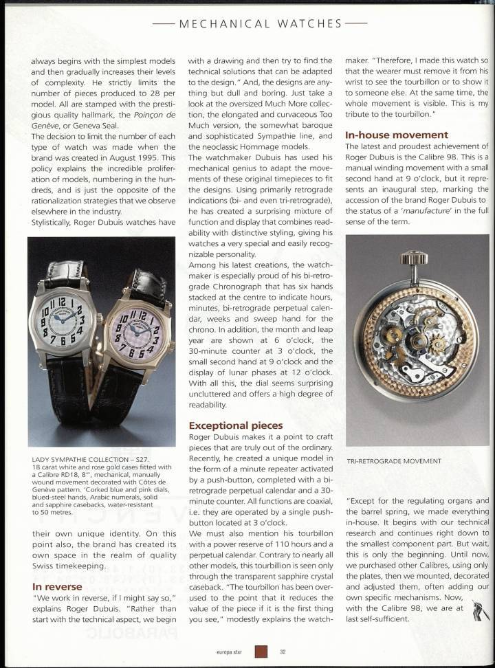 Visite cher Roger Dubuis en 2001, un reportage paru dans Europa Star six ans après la création de la marque par le duo Roger Dubuis et Carlos Dias.