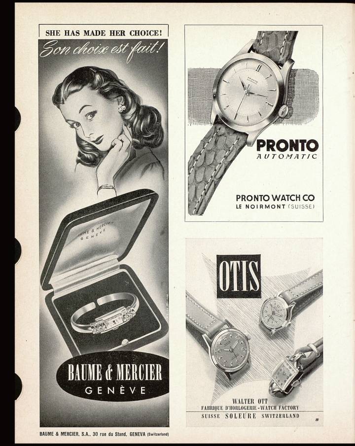 Annonce Baume & Mercier parue dans Europa Star en 1952: un accent fort déjà mis sur l'offre féminine.