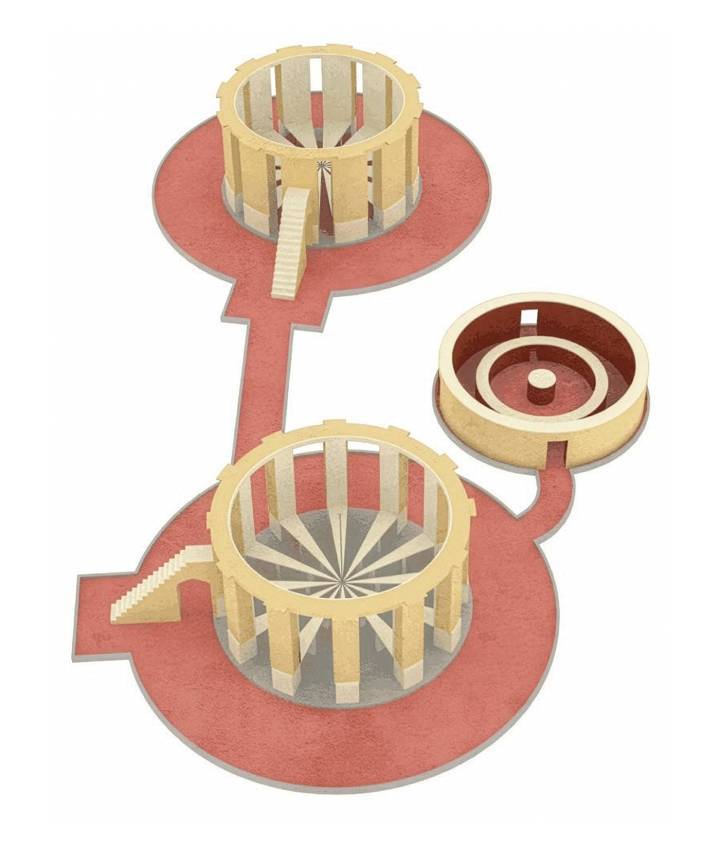 Les deux structures cylindriques du Rama Yantra de Jaipur ainsi que le plus petit Digamsa Yantra. Celui-ci consiste en deux murs cylindriques concentriques autour d'un pilier central. Les murs sont marqués de divisions angulaires d'un 1/10e de degré. Cet instrument permet de déterminer l'azimuth des objets célestes. 