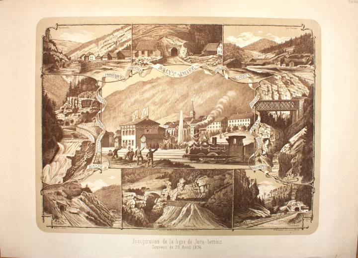 Carte commémorative de l'ouverture de la ligne de chemin de fer Bienne – La-Chaux-de-Fonds en 1874. Archives de l'État de Berne.