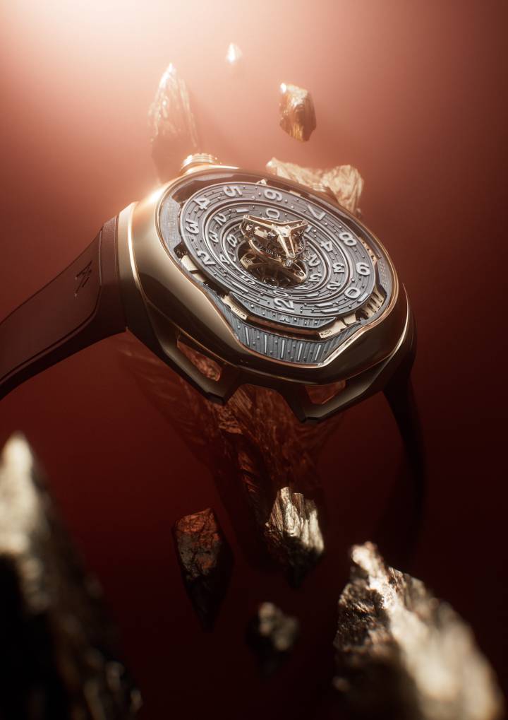 Dépourvue d'affichage traditionnel, cette nouvelle Black Hole en or rose mise sur la structure tridimensionnelle du mouvement pour révéler un jeu d'ombres et de reflets animé par les surfaces microbillées et polies. 