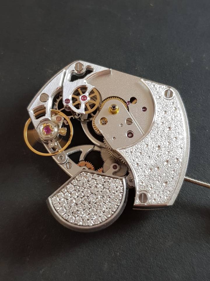 Le mouvement de la Tortue Lady. Sa masse oscillante a été remontée sur le haut du mouvement, placée à 6 heures. On lui a adjoint un capot qui peut être serti, gravé, mis en couleur, etc.