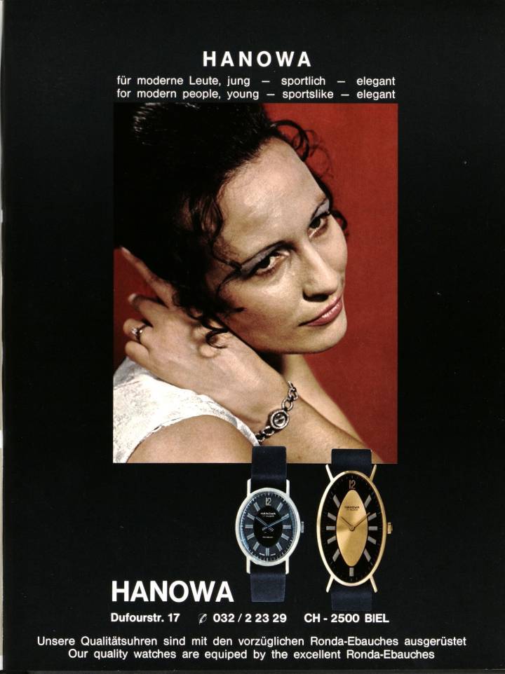Des modèles Hanowa présentés dans les années 1970 dans les pages d'Europa Star: durant cette décennie, la marque s'illustre par une grande variété de formes et de designs, sur une approche déjà accessible, destinée notamment au marché féminin. En ces années difficiles pour l'horlogerie suisse, la marque tire son épingle du jeu.