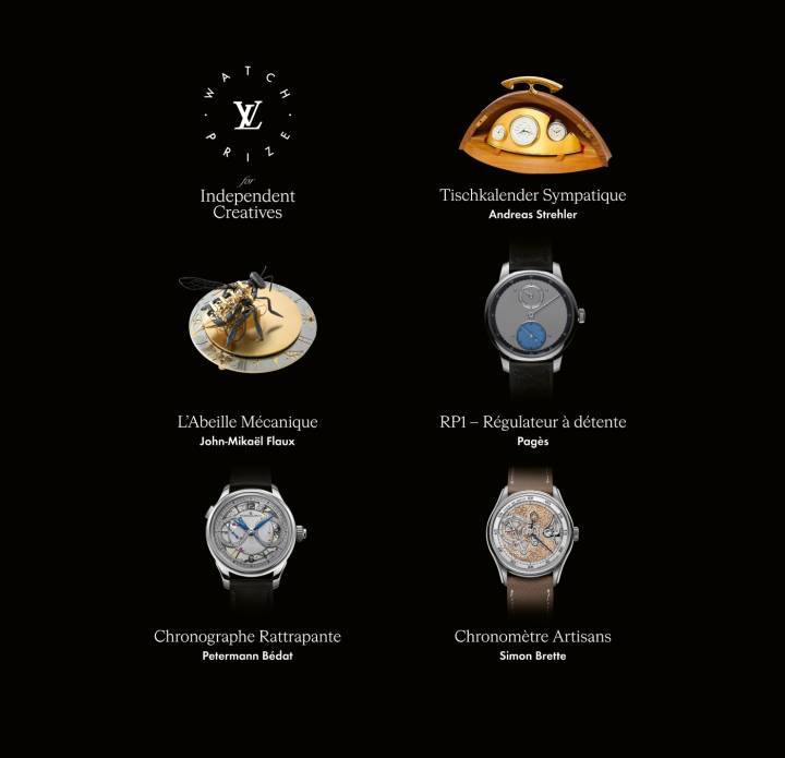 Les cinq finalistes de la première édition du Louis Vuitton Watch Prize for Independent Creatives: Andreas Strehler – Tischkalender Sympathique, calendrier perpétuel mécanique de table, avec indication de l'année, du mois, de la date et du jour de la semaine, montre de poche comme garde-temps principal, indication des heures, minutes, secondes, jour et nuit, état de la mémoire mécanique. John-Mikaël Flaux – L'abeille mécanique, objet horloger avec indication des Heures Poétiques, mouvement carrousel, remontage manuel avec clé, réserve de marche de 40 heures. Raúl Pagès – RP1 Régulateur à détente, montre mécanique à remontage manuel, mouvement in-house à détente. Petermann Béda – Chronographe Rattrapante, remontage manuel. Simon Brette – Chronomètre Artisans, calibre in-house mécanique à remontage manuel, heures, minutes, petite seconde et stop-seconde.