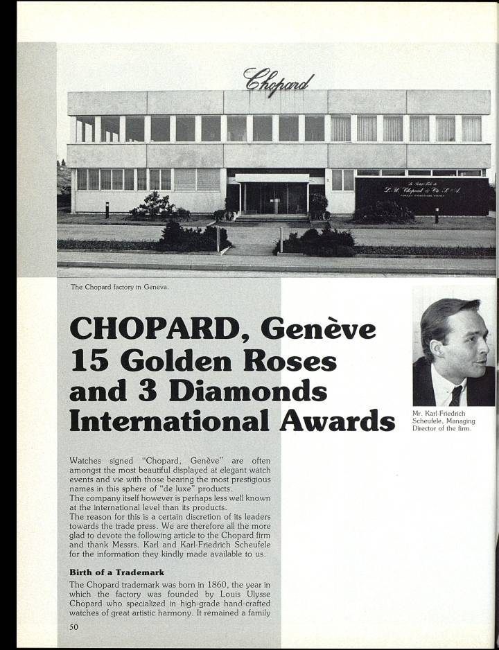 Une histoire de la société Chopard parue en 1981 dans les colonnes d'Europa Star. Quelque 18'000 montres-bijoux, dont la célèbre Happy Diamonds, sont alors produites chaque année dans ses ateliers de Genève et Pforzheim.