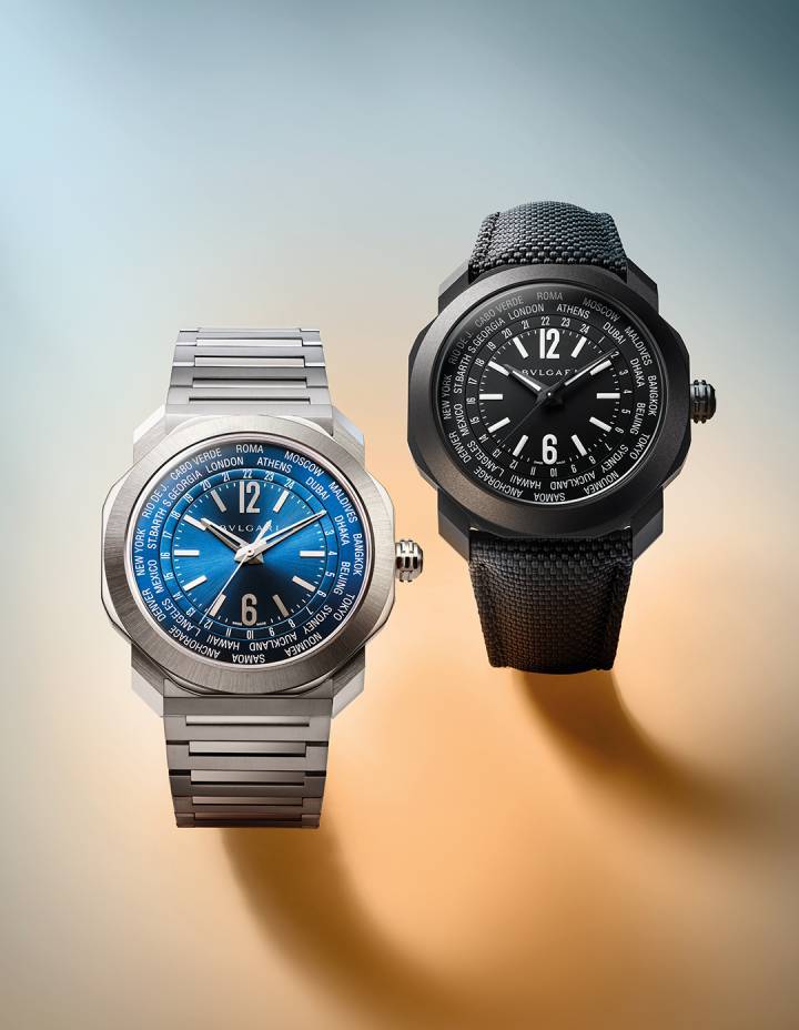 Lors de la dernière édition des Geneva Watch Days, Bulgari a introduit son nouveau modèle Octo Roma WorldTimer à affichage central des heures, des minutes et des secondes, associé à un disque rotatif double sur le bord extérieur: l'un pour les 24 villes de référence et l'autre avec une échelle graduée de 24 heures. 