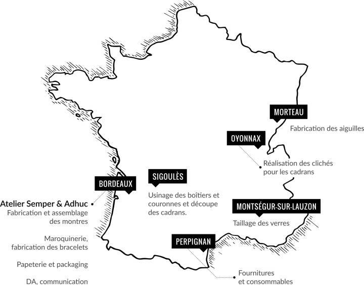 Les fournisseurs des composants des montres Semper & Adhuc en France. La plupart ne travaillaient pas pour l'horlogerie par le passé.