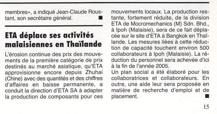 Face à l'érosion des prix dans le mouvement entrée de gamme, ETA ramène ses activités asiatiques en Thaïlande: le marché chinois sera avant tout celui du luxe.