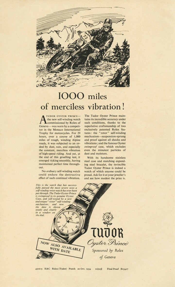 Parmi les «épreuves» auxquelles furent soumises l'Oyster Prince de Tudor, le rally transalpin à moto Monaco International Trophy fut l'une des plus mythiques (campagne des années 1950).