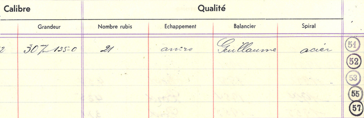 Registre des années 1950 de Zenith concernant le Calibre 135-O