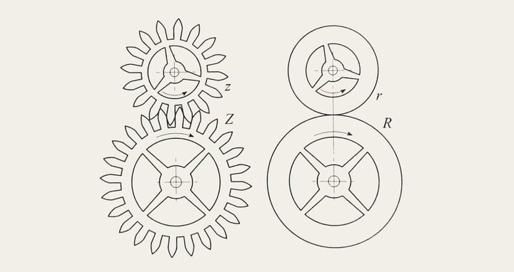 La méthode imaginée par le chercheur Olivier Laesser est inspirée de l'équivalence entre un engrenage complexe (à gauche) et des cercles dits «primitifs» équivalents (à droite), et ce pour une meilleure compréhension graphique d'un échappement quel qu'il soit. 