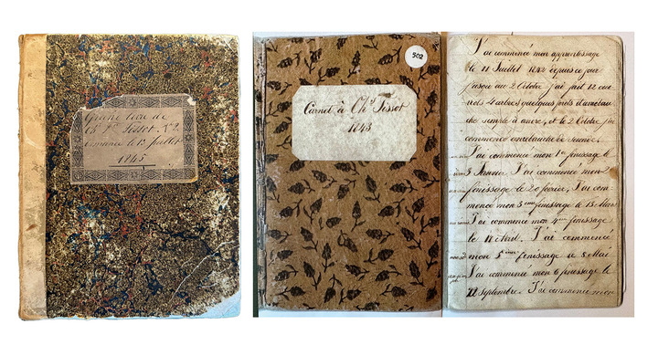 Le livre de comptes de Charles-Félicien Tissot, en 1845, et le carnet d'apprentissage de son fils Charles-Emile Tissot en 1843. Archives Luc Tissot