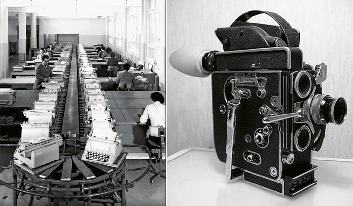 Gauche: Chaîne de transport pour le contrôle final de l'Hermès Ambassador, le 12 novembre 1956. Collection Musée des Arts et Sciences de Sainte-Croix. Droite: Une caméra Paillard Bolex H16
