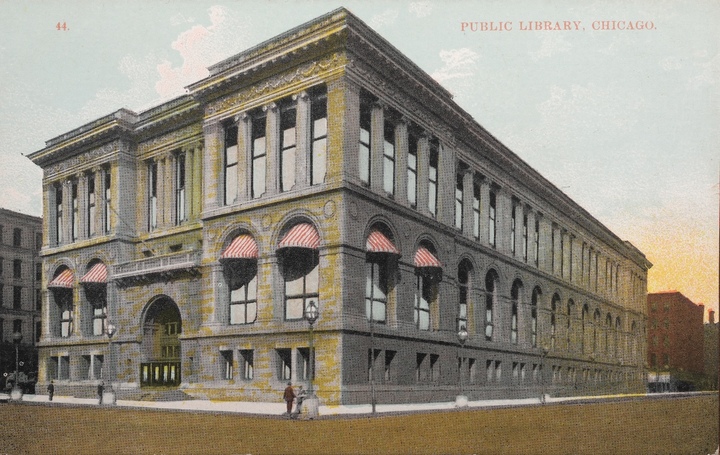 Bâtiment de la bibliothèque publique de Chicago, achevé en 1893, vers 1910. Musée Tissot