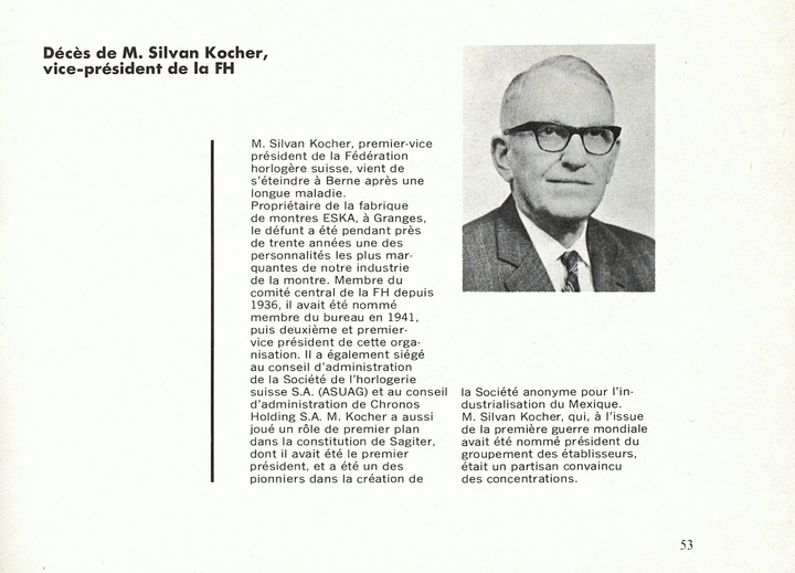 Hommage à Silvan Kocher (1897-1968), le fils du fondateur d'Eska, en 1968 dans Europa Star. Il occupa également d'importantes fonctions au sein de la Fédération horlogère suisse.