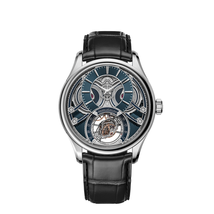 Master Hybris Inventiva Gyrotourbillon à Stratosphère. Le calibre 178 exhibe un tourbillon à trois axes, comptant 189 composants pour un poids total de 0,78 gramme. La cage intérieure du tourbillon effectue une révolution sur elle-même en 20 secondes, la cage centrale (ou de référence) en 60 secondes et, enfin, la cage extérieure en 90 secondes. Toutes les trois sont en titane. Le boîtier en platine 950 de cette édition limitée à 20 montres mesure 42 millimètres de diamètre pour 16,15 millimètres d'épaisseur. Reference: Q5306480.
