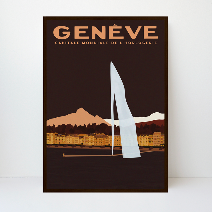 Genève, Capitale Mondiale de l'Horlogerie: «Cette oeuvre fait également partie de la collection Bucherer, elle met à l'honneur l'icône de Genève: son célèbre Jet d'eau, vu dans la perspective classique par excellence, la sublime et indémodable vue de la Rade de Genève depuis les quais de la Rive droite. En toile de fond, le Salève, le Môle, les Aravis puis le Mont-Blanc se succèdent sur des plans sans cesse plus lointains. La typographie, qui célèbre fièrement Genève en tant que capitale mondiale de l'horlogerie, a été soigneusement travaillée sous l'influence des affichistes des années 1930. Elle est un clin d'œil à une période charnière de la haute horlogerie genevoise et tout particulièrement à son standard d'excellence, régi par l'emblématique Poinçon de Genève.»