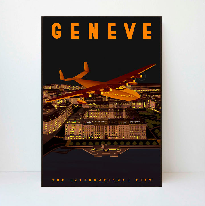 Genève, Quai du Mont-Blanc, Latécoère 631: «Le Latécoère 631, un fleuron de l'aviation, est le dernier hydravion à avoir été utilisé sur une ligne commerciale transatlantique. Dans les années 1950, il a été exploité en service commercial sur certaines des plus longues lignes aériennes au départ de l'Europe. Avec 54 passagers à bord, le «Laté» pouvait voler à une vitesse maximale d'environ 400 km/h et bénéficiait d'une autonomie de plus de 6'000 kilomètres, soit assez pour relier, par exemple, Genève à New York. Le plus souvent, il volait à une altitude d'environ 2'500 mètres et sa vitesse d'exploitation variait entre 280 et 300 km/h. Le sixième exemplaire construit par Latécoère est représenté ici alors qu'il s'apprête à amerrir dans la rade de Genève le 12 juin 1948. L'hydravion quitte Genève deux jours plus tard, le 14 juin. Sa venue, exceptionnelle, aura attiré la foule au bord du lac.»