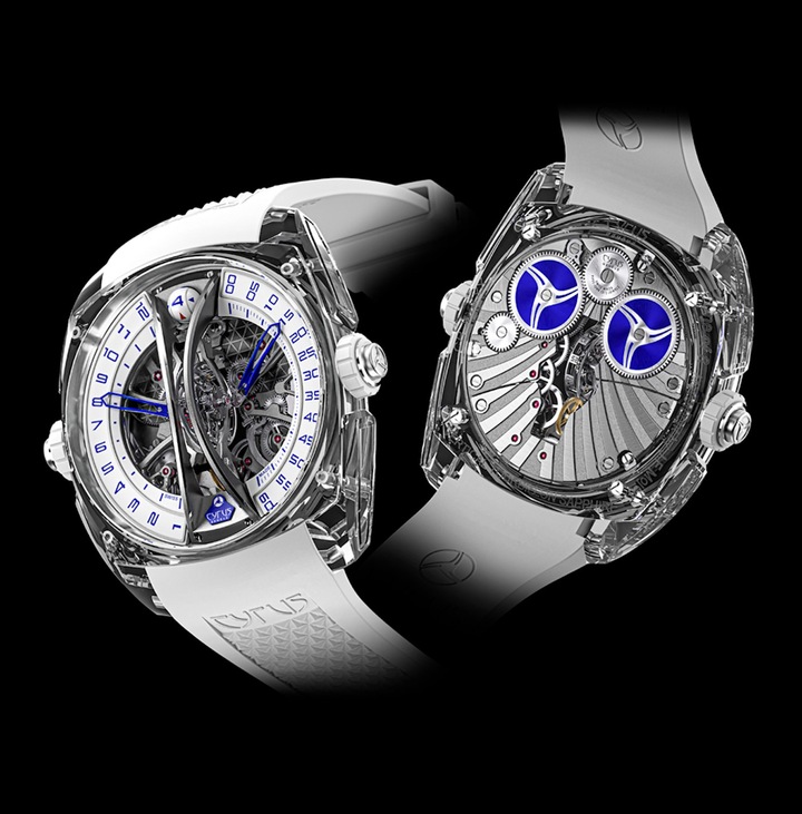 A Watches and Wonders cette année, la marque a également présenté la Klepcys Vertical Tourbillon Sapphire Blue, application parfaite des principes de transparence et d'architecture tridimensionnelle de Cyrus, avec son pont central vertical identitaire de la marque.