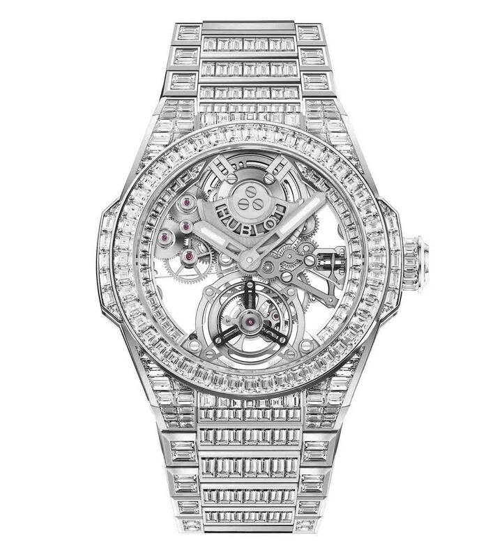 La Big Bang Integral Tourbillon High Jewellery, nouvelle pièce unique entièrement sertie (484 diamants baguette pour un total de 31 carats) 