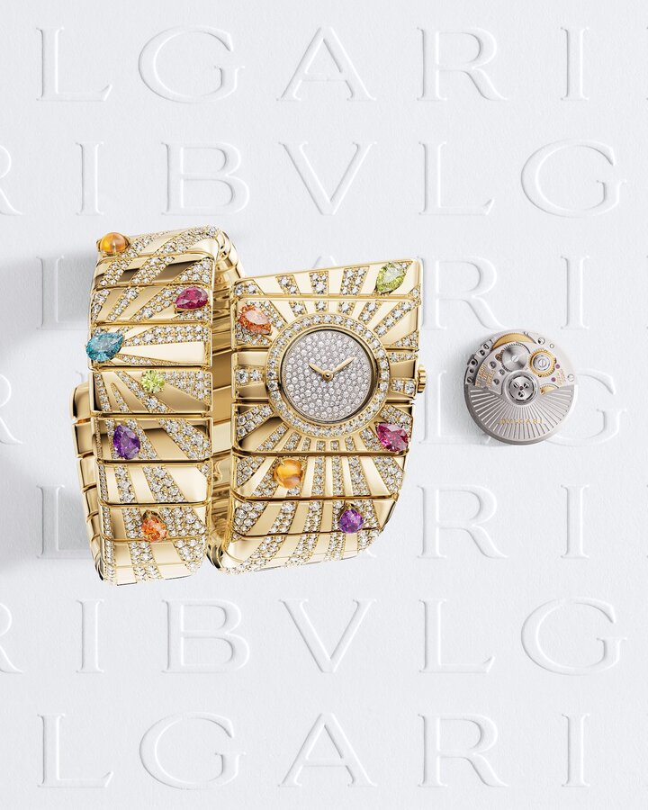 Dotée quant à elle du mouvement automatique Lady Solotempo BVS100, présenté l'an passé sur la Serpenti Seduttori et la Serpenti Tubogas, la Tubogas Manchette revisite un modèle d'archives de 1974. Elle emprunte la géométrie audacieuse du modèle original, avec un cadran carré et un large bracelet. Elle est ornée d'une symphonie chromatique, composée de citrines, de rubellites, de péridots, d'améthystes, de topazes et de spessartites, tandis que près de 12 carats de diamants scintillent sur les spirales.