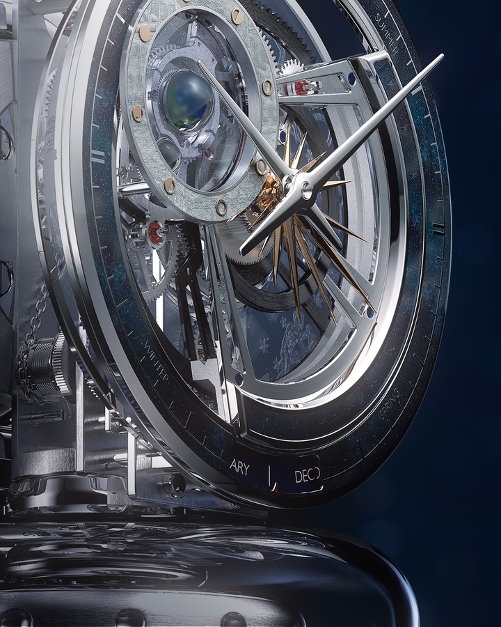 L'Atmos Hybris Mechanica Calibre 590 affiche en trois dimensions et en temps réel les positions et les mouvements relatifs de la Terre, de la Lune et du Soleil (2022).