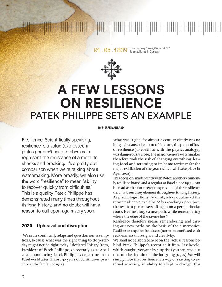 Article paru en 2020 dans Europa Star sur les «leçons de résilience» de Patek Philippe