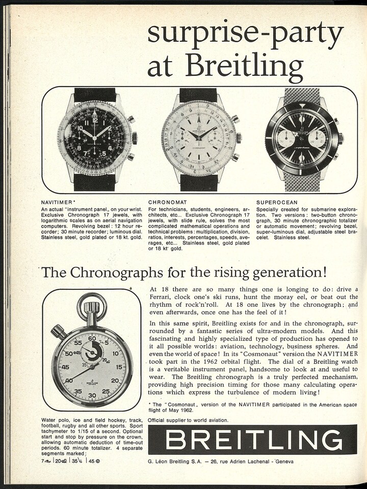 Trois des modèles les plus emblématiques de la marque: la Navitimer, la Chronomat et la Superocean (archive Europa Star datant de 1963)
