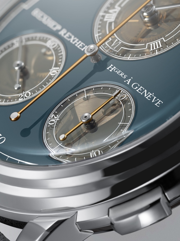 Détail du tout nouveau RRCHF, Rexhep Rexhepi Chronographe Flyback, entièrement réalisé dans ses ateliers propres, boîtier platine, cadran émail Grand Feu, composants, mouvements et bracelet inclus.
