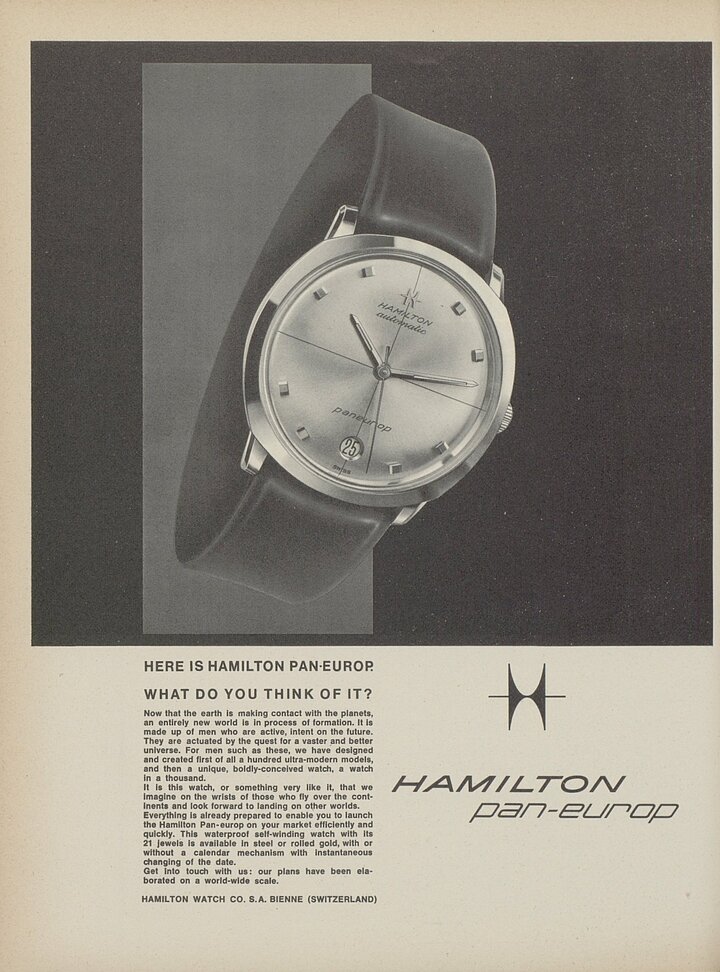 Une annonce d'Hamilton pour son modèle Pan Europ dans une édition de 1963 d'Europa Star, alors que la marque aux origines américaines venait de déménager à Bienne.