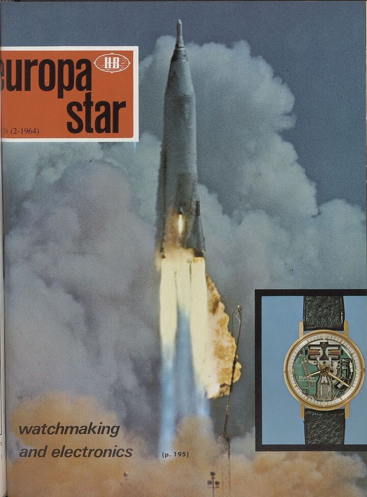 «Horlogerie et électronique»: Accutron en couverture d'une édition d'Europa Star en 1964, durant l'âge d'or de l'exploration spatiale