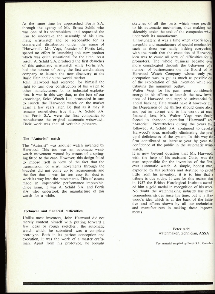 A la disparition de John Harwood, Europa Star lui consacre un article en 1966 revenant sur le développement de la montre-bracelet automatique par Fortis avec la Harwood Automatic présentée 40 ans plus tôt en 1926.